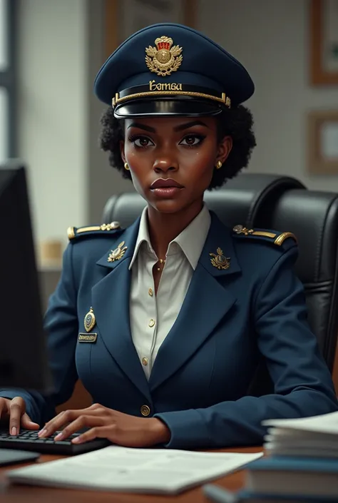 An image of a darker immigration lady officer in the office with a name pomaa on her cap
