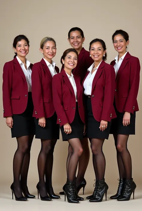 A group of 6 Ecuadorian 56-years-old ordinary a bit chunk hostesses wearing a burgundy blazer, burgundy miniskirt, white blouse, white nylons and wrinkled stiletto over the knee sleeved leather black boots. All posing and smiling. Full body photo. 