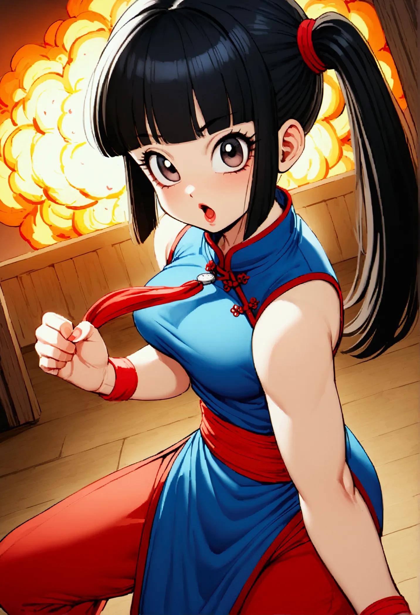 dragonballchichi, ,  dark eyes,  black hair,  long hair, hime cut,  short bang ,  side lock,bare arms, blue  dress, china  dress...