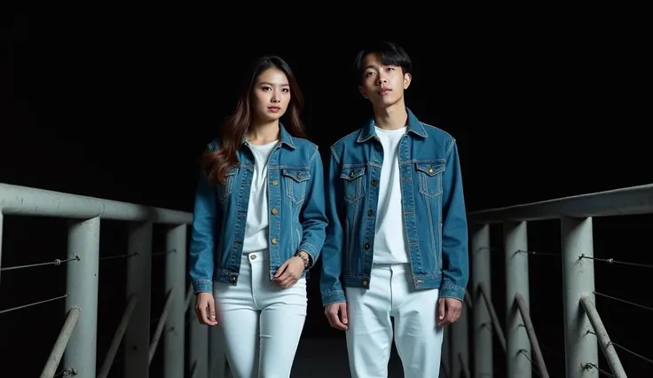 Taiwanese woman and man in white pants and blue jacket standing in small bridge front of black background,  hologram, tumblr, holography, ( ( ( wearing jeans ) ) ), full body wide shot, Looking at viewer, Breasts, Heavy Breathing, seriously face, beautiful...