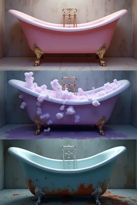 focus on bathtubs: pink elegance, whimsical purple with clouds, and a deteriorated blue with rust.