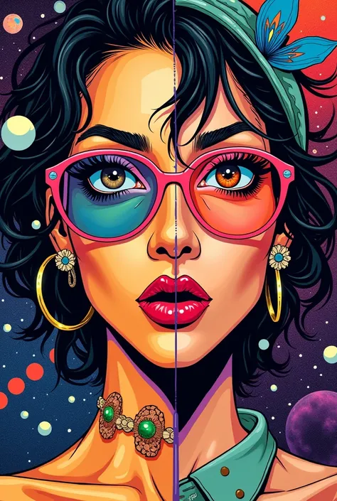 A striking piece of pop art with a split view, with the right side depicting a nymphomaniac Lady and the left side depicting Lady Hipster. The background is a chaotic cosmic scene with elements of perpetual motion and a hint of cosmic horror. The colors ar...