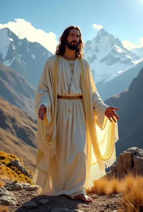 Jesus Christ (high quality, HDR, 8K: 1.2), ultra-detailed, (realistic, photorealistic: 1.37), full body, standing peacefully in a stunning Chilean landscape. He is dressed in a flowing white robe with soft golden accents, his expression serene and compassi...