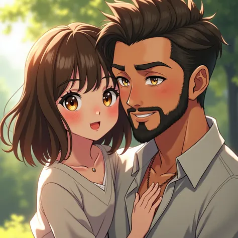 2 personnages style anime fantasy réaliste : (1 dad male with sharp features, short brown hair, yellow eyes, intense piercing eyes, beard and mustache, gentle and smiling expression)(1 petite fille, cheveux très long détachés marron ondulés, yeux dorées pé...