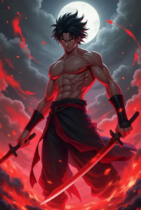 Make a badass anime character that has a red aura or two red swords with wings like lucifer