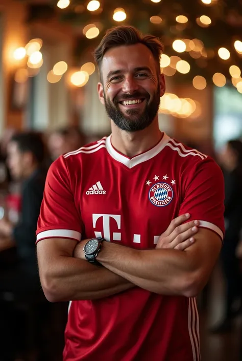 Un père Noël en style vestimentaire mode américain avec un Maillot vareuse Manche court club de football Bayern , photo mode portrait, visage très souriant, Bras croisés et avec un fond darrière plan dans une salle de fête 