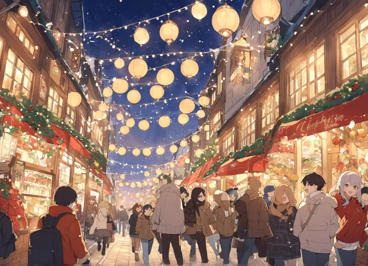 Teenage men and women happily walk through the bustling streets at the Christmas market。In a cute anime style。