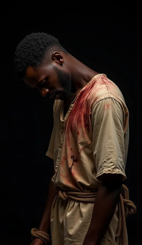 (photorealism:1.2), a negro man , time, 20 years old, head down,  short hair ,  shabby shirt model of 7th century jewish clothing , Backs bloody wounds Seban Whip, left and right hands tied rope ,  black background set , image in zoom ,  cinematic lighting...