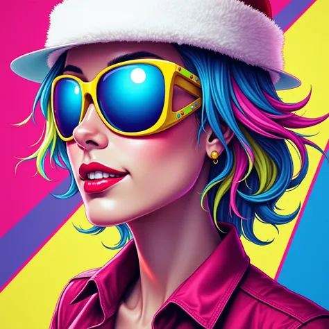 A pretty woman with colorful hair and sunglasses. she is wearing a Santa hat.