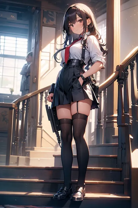 suspender gun holster longhair japanesewoman skirt handcuffed Nīhai gātāberuto Long socks garter belt animegirl backhandcuffed shortcutt