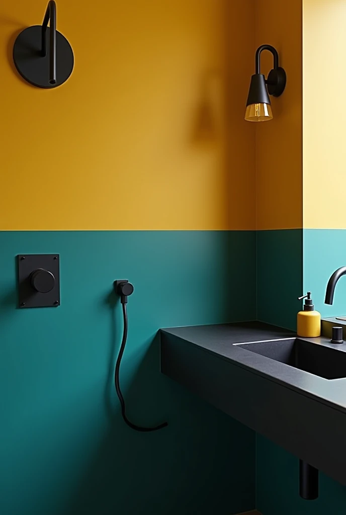 Paint the lower half of the wall teal and the upper half mustard yellow, then complement with black fixtures to create a striking visual impact.
Bathroom