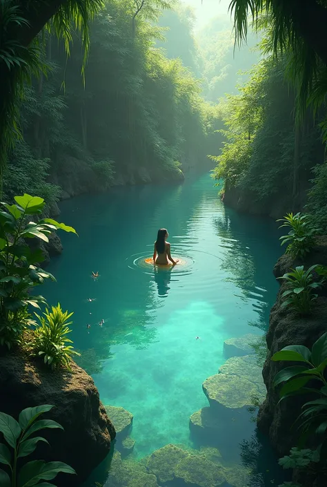  in a pool with vegetation around.