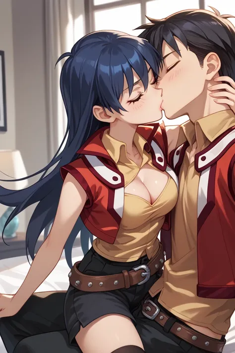 Saotome Rei, anime screencap,
aarei, long hair, blue hair, brown eyes, collared shirt, yellow shirt, red jacket, sleeveless, belt, black shorts, black thighhighs, medium breasts,  cleavage, medium breasts, cleavage, indoor,hotel,cowboy shot, blushing, inco...