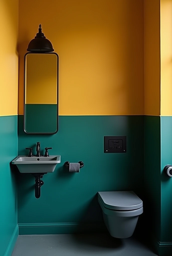 Paint the lower half of the wall teal and the upper half mustard yellow, then complement with black fixtures to create a striking visual impact.
Bathroom