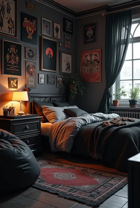 Create an image of a boys bedroom who is a really fan of the band "Queen" and the band "small", the room should have black and gray like the predominant colors 