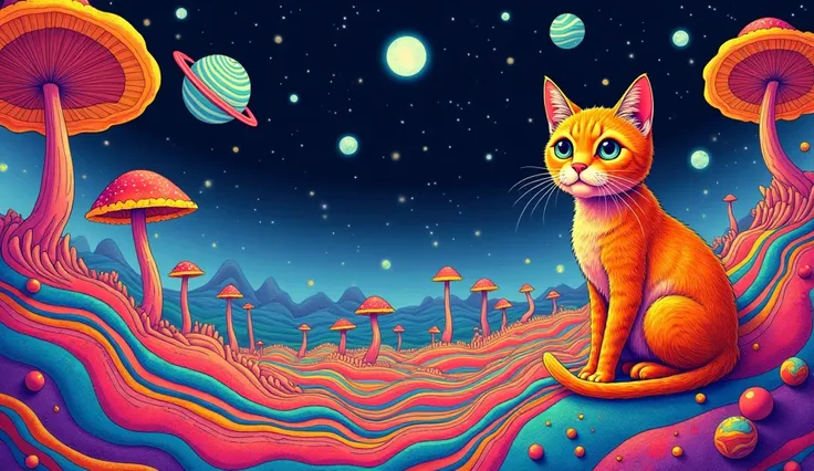 A hand-drawn (sketch), 2D psychedelic Surrealism illustration of an orange cat sitting on a colorful and surreal alien landscape. The scene features swirling, layered hills with vibrant patterns, glowing mushrooms, fantastical spiral trees, and a dreamy, w...