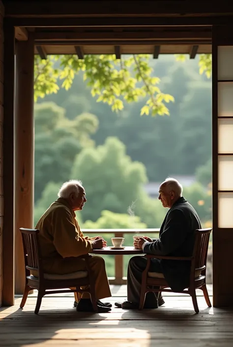 Future AI Revolution ： How Life Will Change with Agential AI！　The background is an old Japanese house 。 elderly couple leisurely drinking tea on the veranda