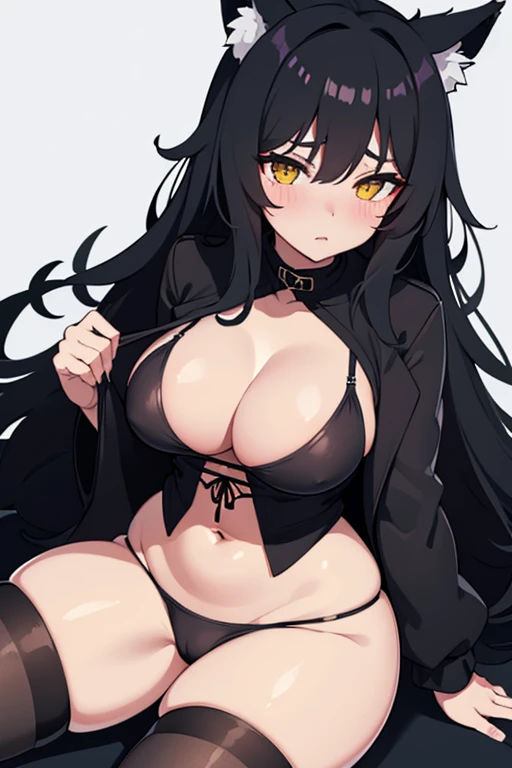 Hot girl, Beautiful long black hair, bright yellow eyes, black bikini, big but medium breasts, big hips, A black jacket with NO panties and long black sheer socks, wolf ears, blush, at a lake