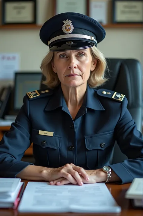 A picture of an immigration lady officer at office with a name pomaa on her crest or cap
