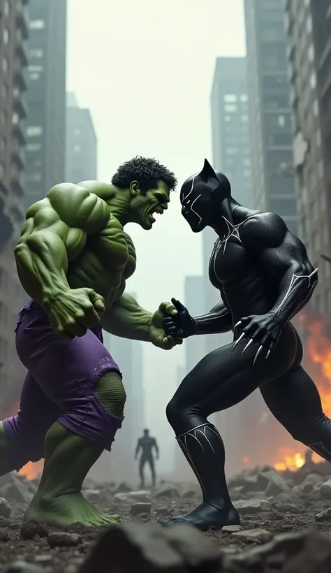 Create an image of the mighty green Hulk and the regal Marvel Black Panther facing each other, positioned in the center of a ruined city. Hulk, with his massive, muscular frame, stands ready for battle, his face showing intense fury, with his signature gre...