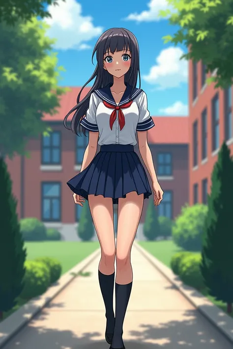  school girl with a very short skirt arriving at her school