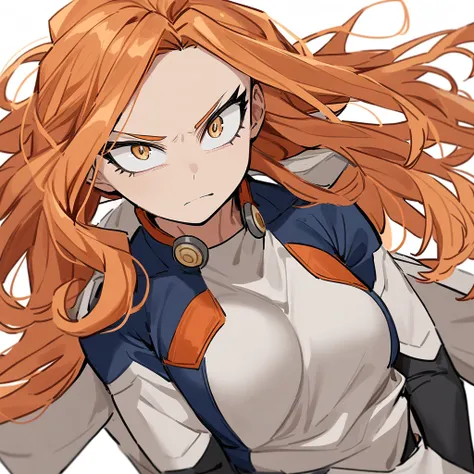 A girl from the anime My Hero Academia with very long orange hair,  light hazel eyes small and penetrating ,  pretty face ,  slim body, delicate and big breasts , Very beautiful and powerful, you wear the sexy and practical hero fabric