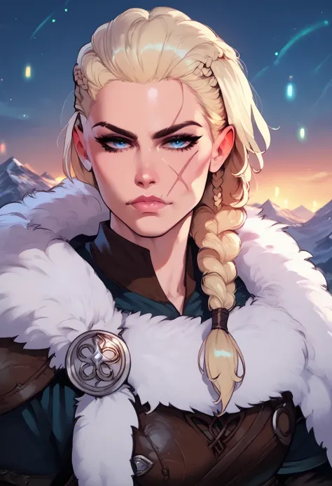 score_9,score_8_up,score_7_up,score_6_up,score_5_up,score_4_up,
eivorxl,scar on face,blonde hair,blue eyes,side braid,
leather armor,fur trim,
looking at viewer,upper body,
northern lights,mountains,