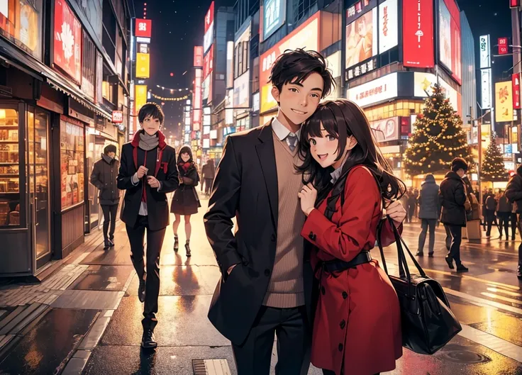 Young man and woman having fun on a date in the bustling Tokyo skyline at Christmas