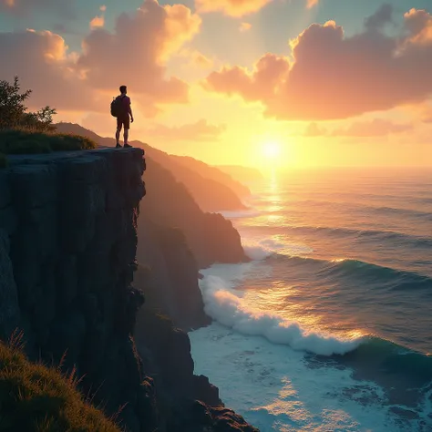 ความละเอียดสูงสุด, Solo traveler standing on a cliff overlooking the ocean at sunset, exuding a sense of adventure." The background is not blurred.