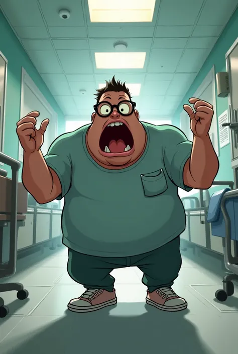 A  Short fatso man wearing glasses screaming in hospital 

