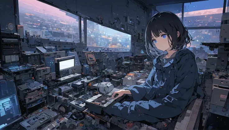  beautiful 1girl , Alone,  with a soft smile on her face A flat breasted ,  short hair ,  dark hair ,  blue eyes,  beautiful description, girl is sitting in front of a computer in a comfortable bedroom., Girl listening to music in a cozy room  (night), A l...