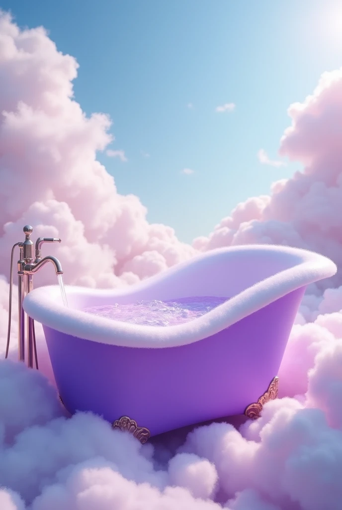 bathtub is a whimsical purple tub in a fantastical setting, surrounded by floating clouds and a dreamy ambiance, suggesting a surreal and magical experience