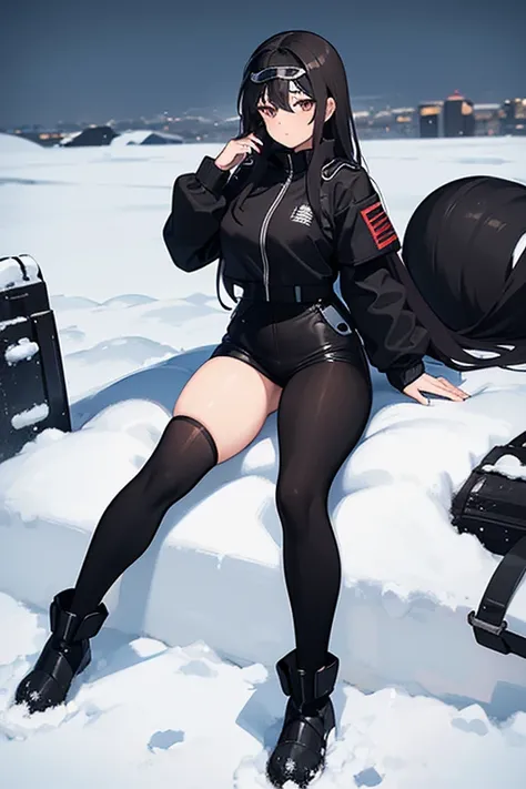 Hot girl, beautiful long black hair,dark brown eyes, snow goggles over her head, black pants, big medium breasts, A closed short black jacket with Whitefur, big hips, long black sheer socks, snow boots, cozy area, normal expression, NOT LOOKING AT THE VIEW...