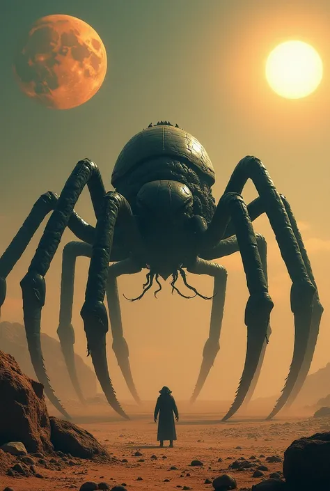 # Prompt 1
A desolate alien desert, illuminated by two suns. A towering, humanoid arachnid creature stands at the center, its black exoskeleton reflecting the dim light. The creature’s eight robust legs are spread wide, while long, flexible tentacles exten...