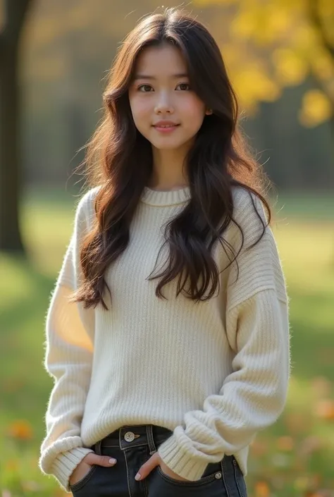 Beautiful girl with fair skin ,  symmetrical eyes next to woman ,  perfect face,  realistic skin、 dark brown long hair 、Im wearing a white sweater,  dark jeans ,  yellow Converse sneakers, In the park,  ultra detail,   full body image  