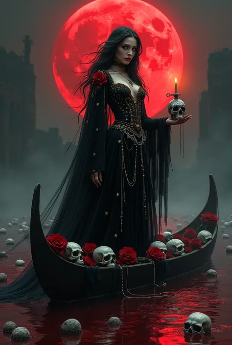 A gothic-medieval artwork of a striking and elegant female figure with long black hair. She is dressed in a sinister black gown featuring intricate gothic silver and black translucent velvet patterns, adorned with vibrant silver and red skulls, metallic fa...