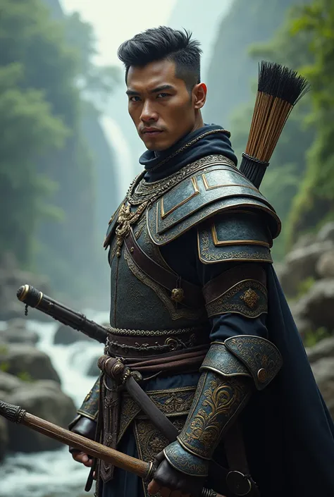 a handsome Asian knight, short and neat hair, wearing earrings, wearing Javanese royal battle clothes and accessories on the body, is aiming a Gandiwa bow (belonging to Arjuna Mahabharata) at the front of the camera with sharp eyes, and blue eyes, backgrou...