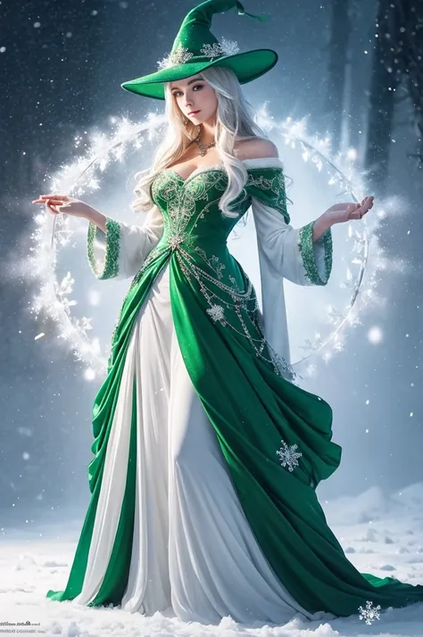 Josephine Wall ,full body,a beautiful witch wearing an emerald green costume and an emerald green witch hat A green witch hat decorated with a robe and intricate silver filigree with fluffy white fur in flowing green, a large magic wand that shines gorgeou...