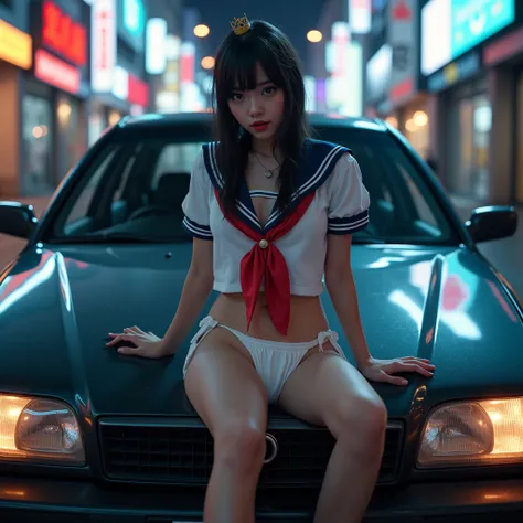 Realistic, Live-Action, (XLabs F.1 Realism LoRA V1), ExtremeAngle, ExtremelyDetailed Illuminated JK Lying on the Car,  Spread Knees Up, Leggy Pose, ClearlyVisible Shape of Public Area, Haunting Beautiful Reflective Eyes, Tiny Coronet, SailorUniform with Re...