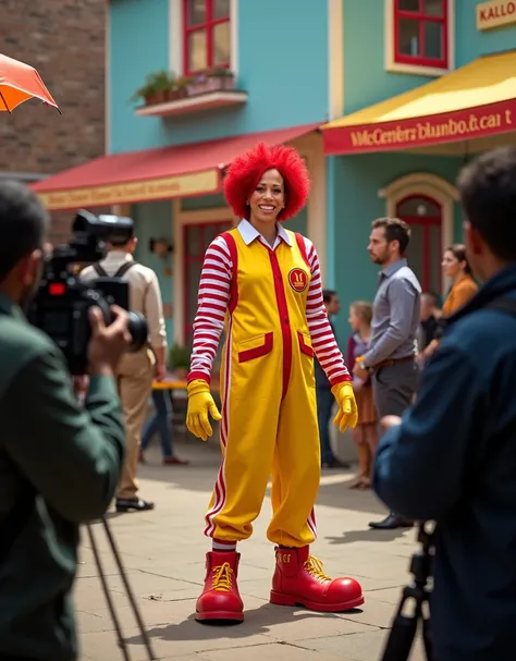 Ronald McDonalds from the 80s played by former VP Kamala Harris, a person behind the costume and makeup shooting a commercial behind the scenes, several cameras and production people shooting a commercial with a graphic set all raised to attract public att...