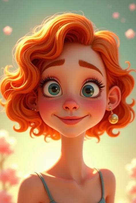 Pixar art of a lady with short curly hair with orange cropped