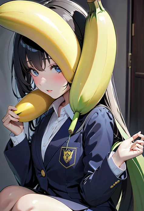 (Masterpiece, BestQuality:1.2), The girl covers her eyes with a banana in her hand. covering own eyes,banana over eyes,wearing school uniform(long sleeve),non woven mask,shiny skin,