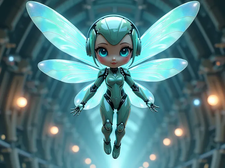 Create a full body illustration , in Chibi style/ Cartoon of a cute and charismatic android fairy .  She has a silver-green body , polished and metallic ,  filled with electronic components and neon lights .  She has light blue holographic dragonfly wings ...