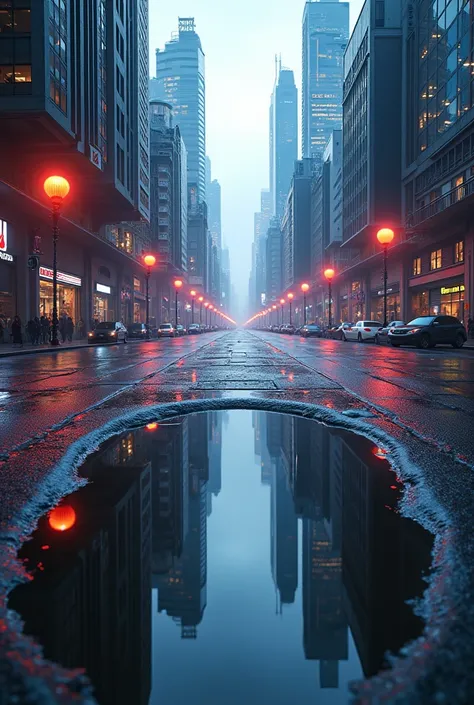 A beautiful and emotional view of a futuristic city reflected in a round puddle on the sidewalk, showcasing realistic details, vibrant colors, and an atmosphere of wonder, cyberpunk, cityscape, reflection, water.