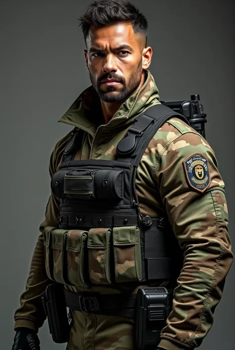  A military man with an athletic build and brown skin ,  with a serious but determined expression .  has short hair ,  slightly curled and wears a belt with several tools and a gun on his side {x} slightly curled and wears a belt with several tools and a g...