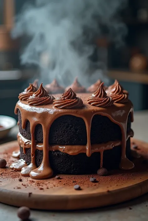 cake is a burnt and ruined chocolate cake, with melted frosting and visible charred layers, set in a kitchen scene with smoke rising, suggesting an accidental baking disaster."