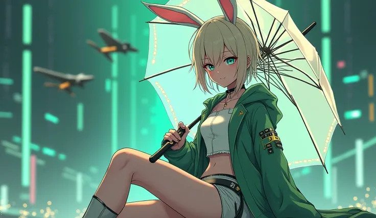 A semi-realistic art style depiction of a futuristic anime-inspired female character. She has pale blonde hair, bright blue eyes, and wears a sage green less open jacket revealing a white inner outfit with black details. She holds a glowing pixelated umbre...