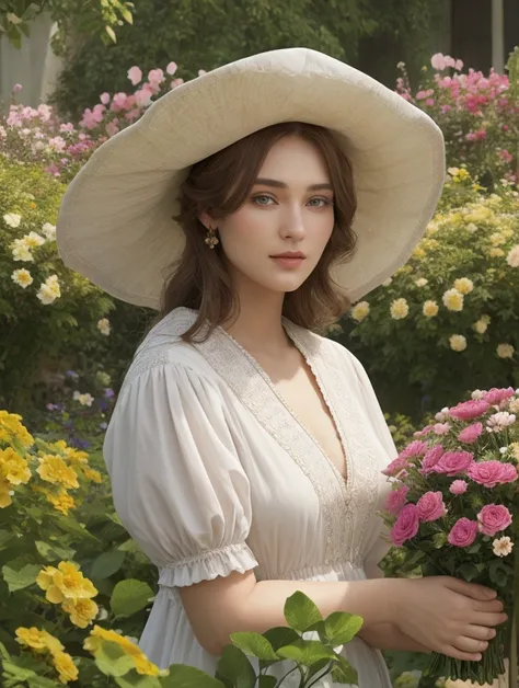 wearing a noble hat in a beautiful flower garden Cinematography 8KUHD Hyper realist ultra 4HDnatural