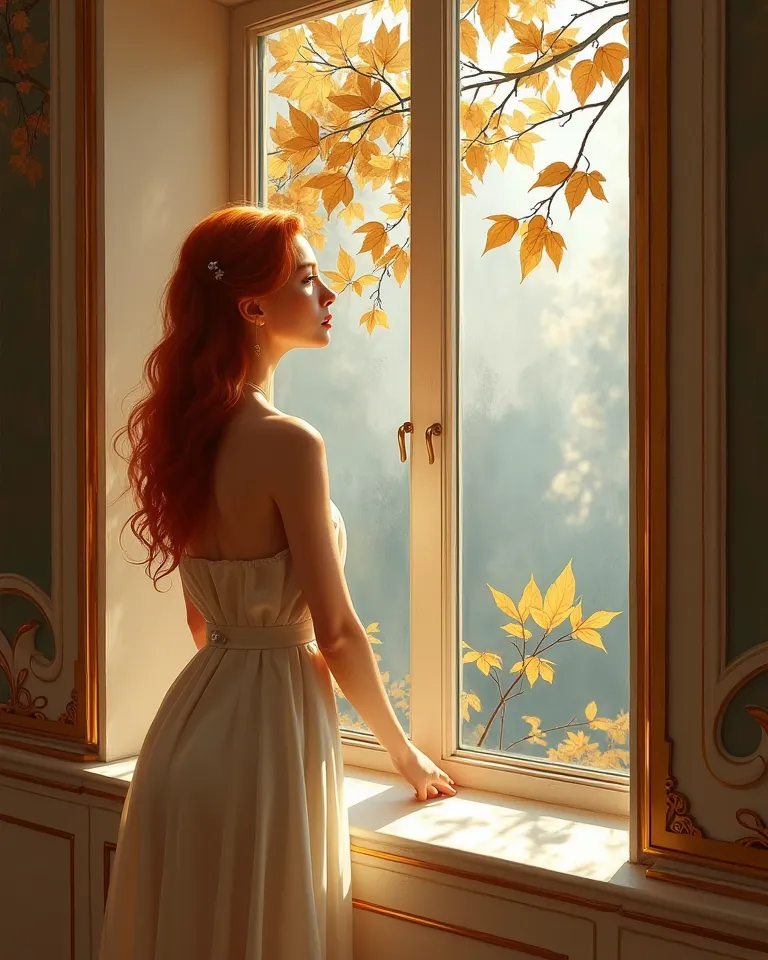 a beautiful ginger haired european woman, stands by an art-deco window of 2 story room, staring at a beautiful tree golden brown...