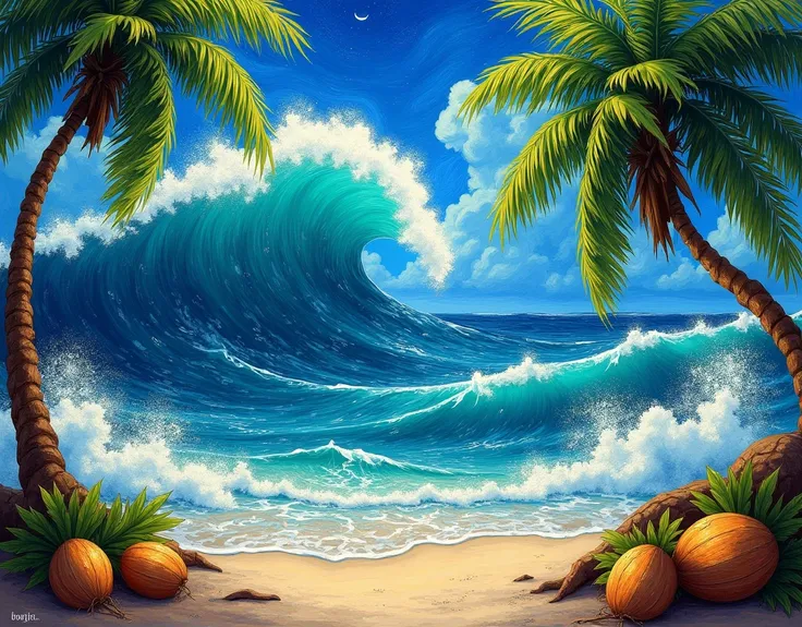 Make a version of van gogh  tropical beach big waves ,palmtree,coconut  with good quality, van gogh starry night style